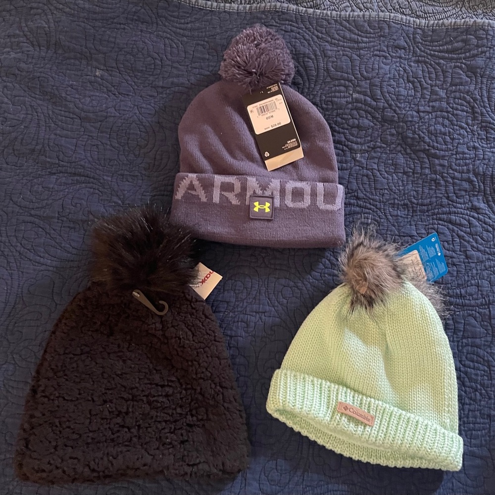 Lot of 3 Pompom Beanies NWT Hollister/Columbia/ Under Armour